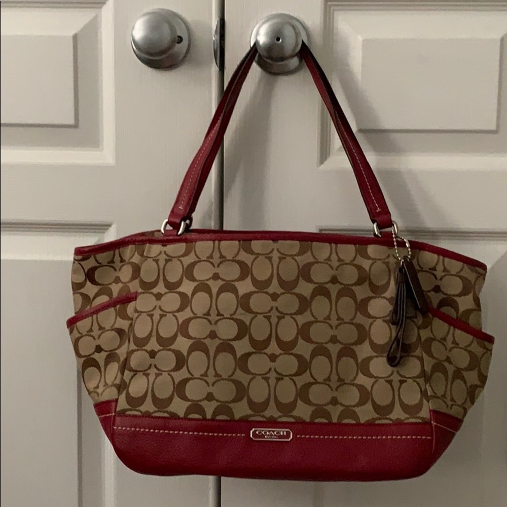 Coach bag monogrammed with maroon accents